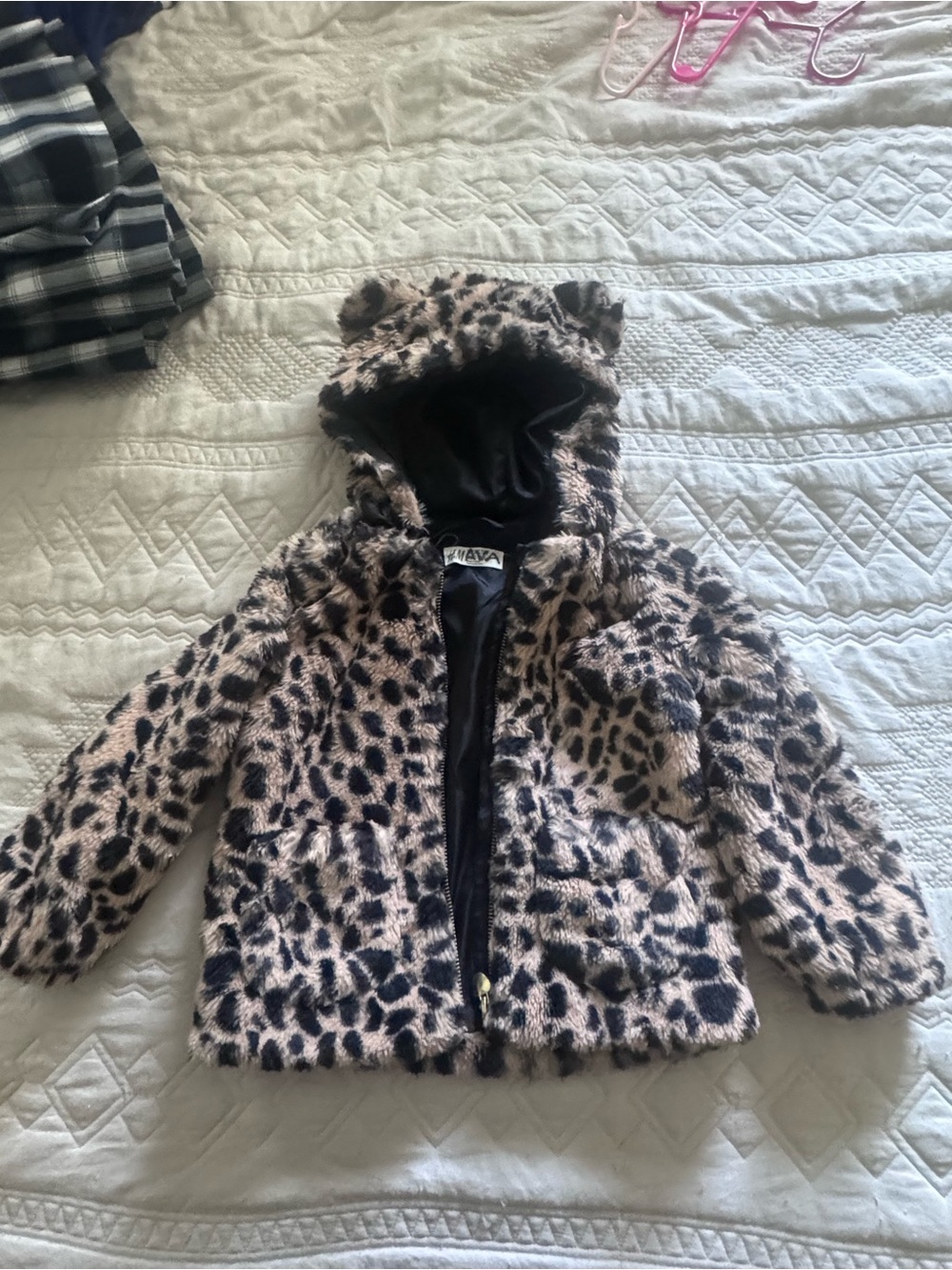 Stussy Kids Leopard Faux Fur Hooded Jacket - brown & Black